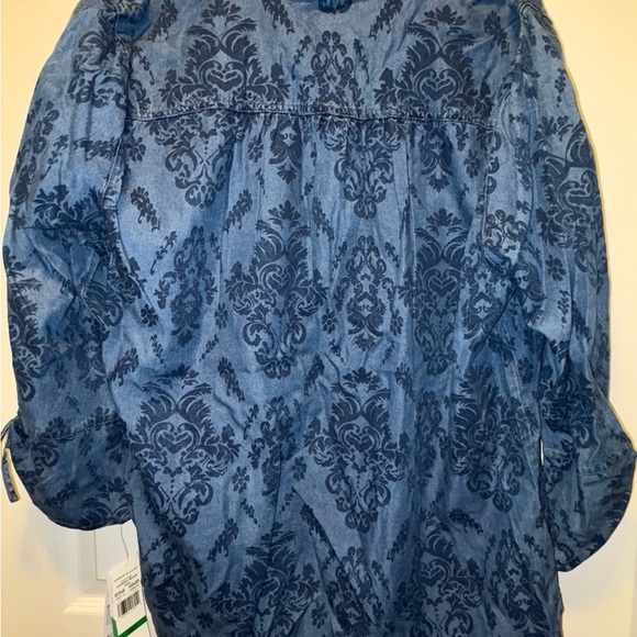 Damask Print Denim Button Down Shirt Roll Tab Long Sleeve - Picture 6 of 6